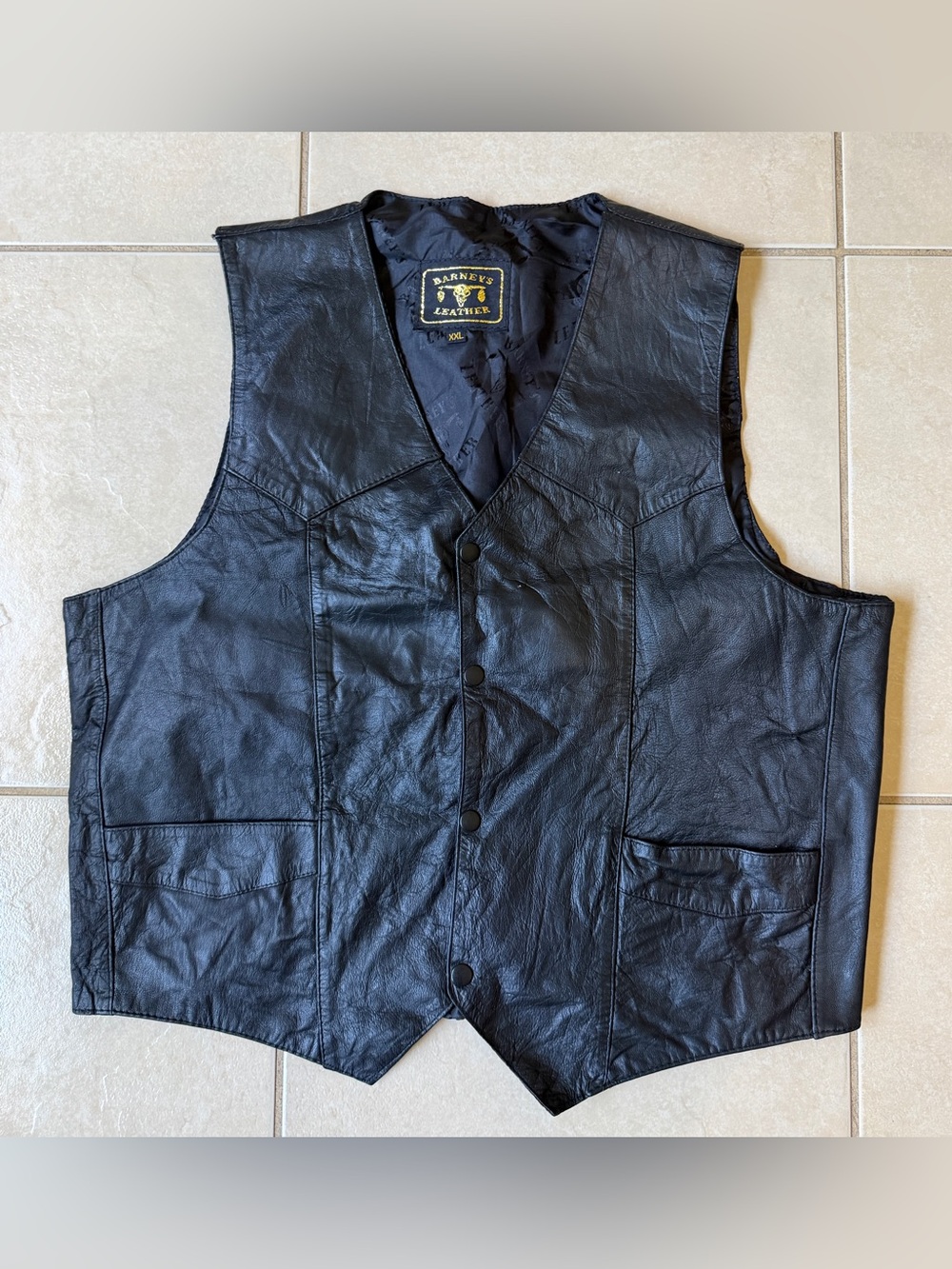 VTG Barney's Leather Motorcycle Vest Men's XXL Black Snap Front Western Biker